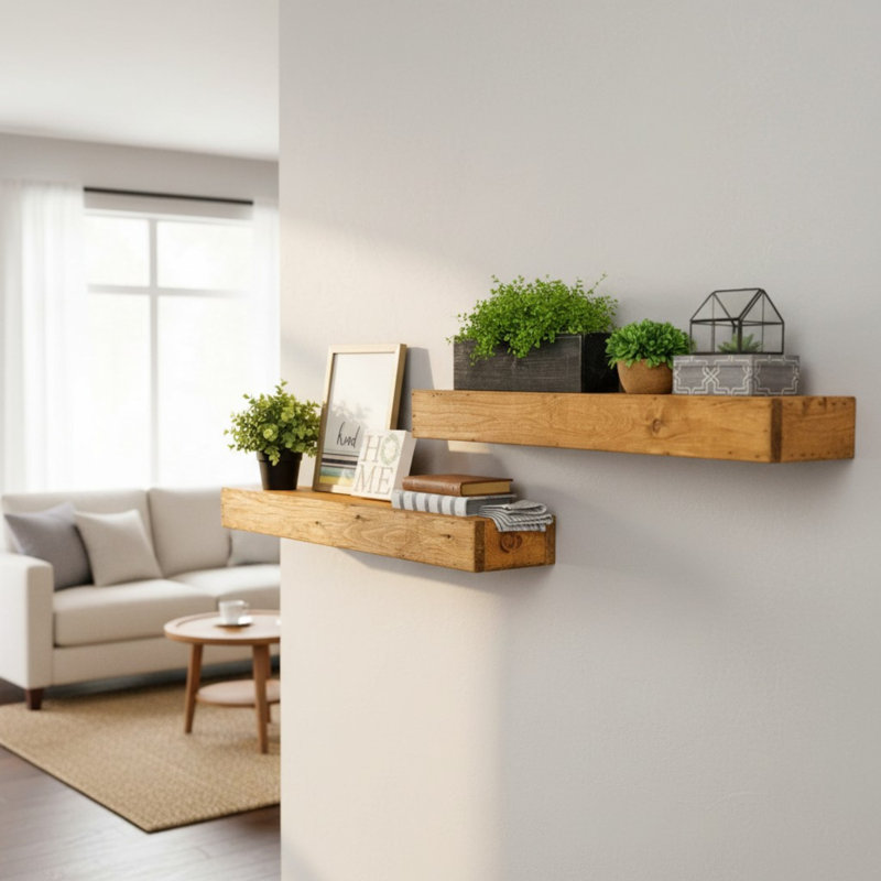 2 Piece Pine Floating Shelf, 3.75" H x 36" W x 6" D, Light Brown