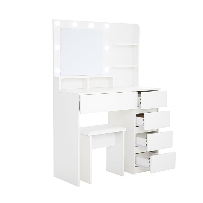 Table de coiffeuse blanche avec miroir et 3 options d'éclairage, tablettes spacieuses, bureau de chambre à coucher, 4 tiroirs, rangement suffisant, moderne