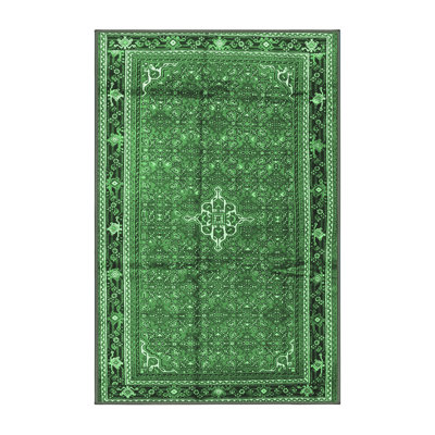 Tapis oriental en laine / polyester tissé à la machine en vert / noir / ivoire
