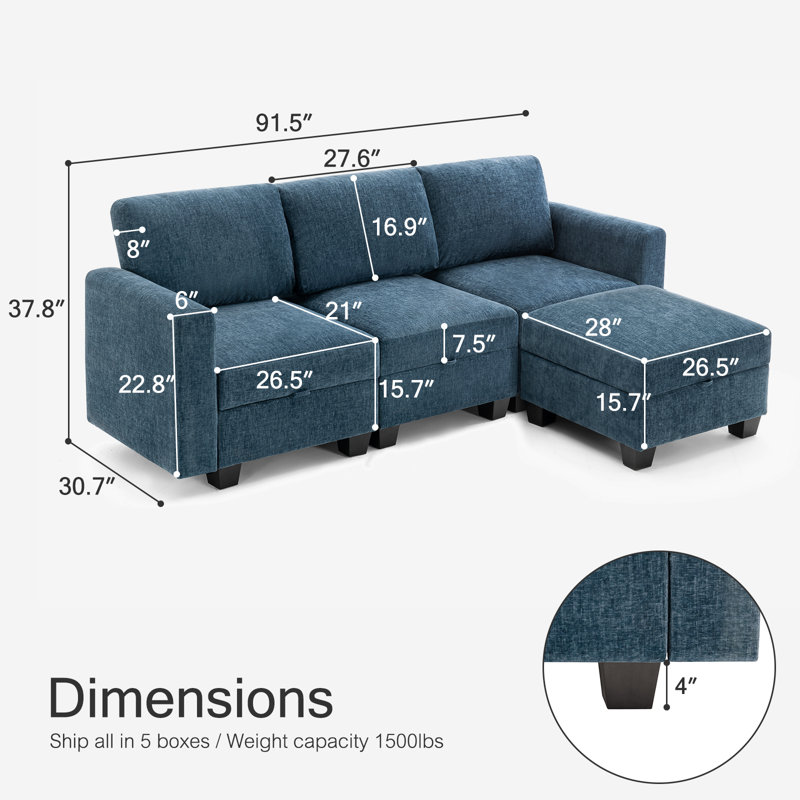 Canapé modulaire rembourré 4 pièces Ilyes, Chenille bleu