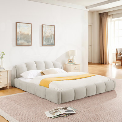 Queen Size Elegant Chenille Upholstered Platform Bed Frame, Thick Curved Headboard & Wrapped Footboard, Low Profile Floor Bed