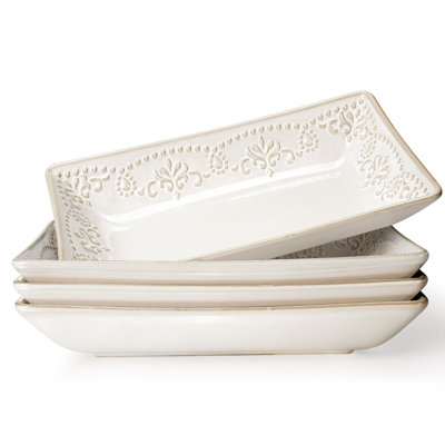 9.85 Inch Rectangular Plates, Set of 4, Distinct Reactive Glaze, Deep Embossed Ceramic Serving Dishes, Microwave Safe, Ideal for Pasta, Salad, Sushi & Desserts, Wedding Registry & Holiday Gift(Damask Patterns)