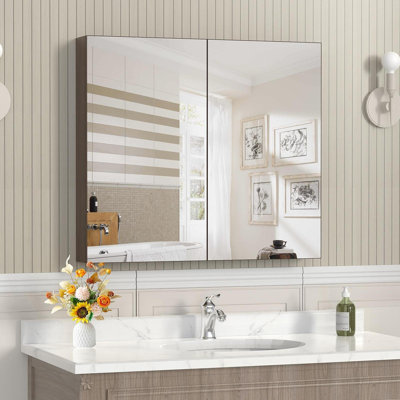 Armoire à pharmacie 32 * 28 avec miroir pour salle de bain, miroir de salle de bain mural avec rangement, tablettes réglables, cadre en aluminium, montage en surface jaune + corail