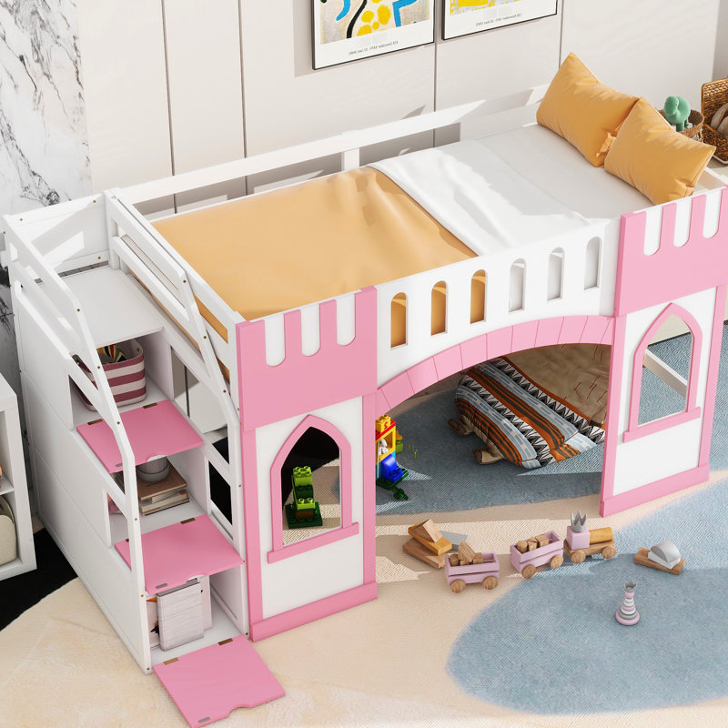 Lit mezzanine simple rose avec espace de rangement, escalier et fenêtre, Rose