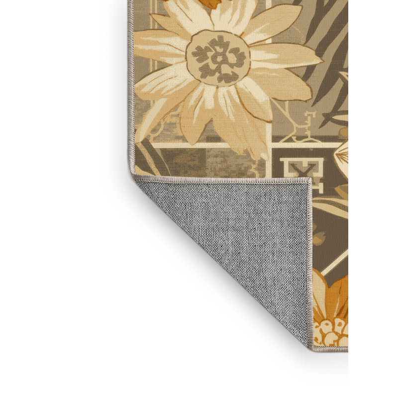 Machine Washable Paesyn Daffodil Preppy Floral Rug in Beige – Beige Binding, 8' Round
