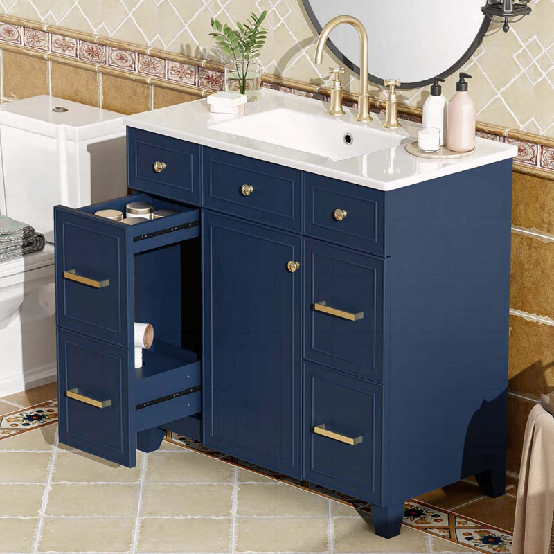 Meuble-lavabo 36 po avec lavabo en céramique, Bleu