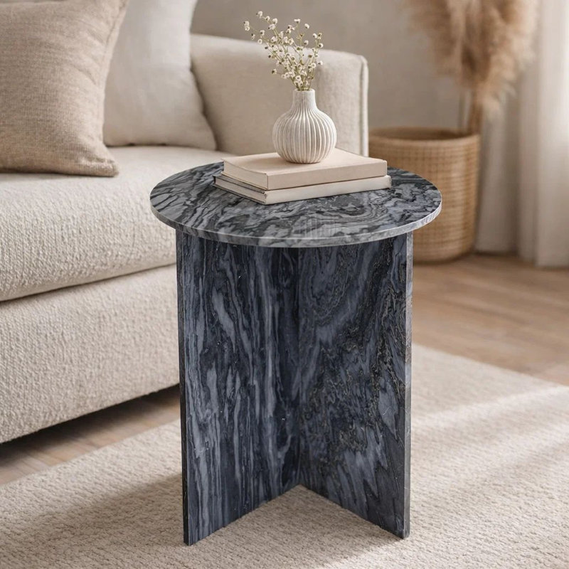 Table de bout latérale Levi, plateau rond de 20 po, base en marbre noir géométrique, H 22 po x l 20,1 po x P 20,1 po, Noir