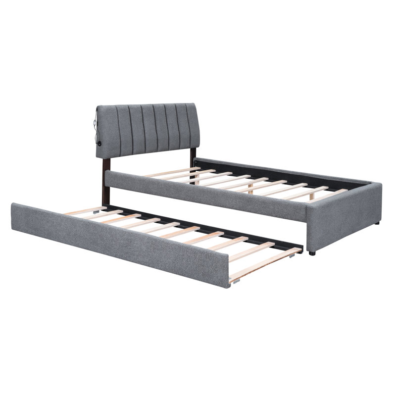Lit plateforme tapissier gris intrigant avec lit gigogne simple et housse, Gris