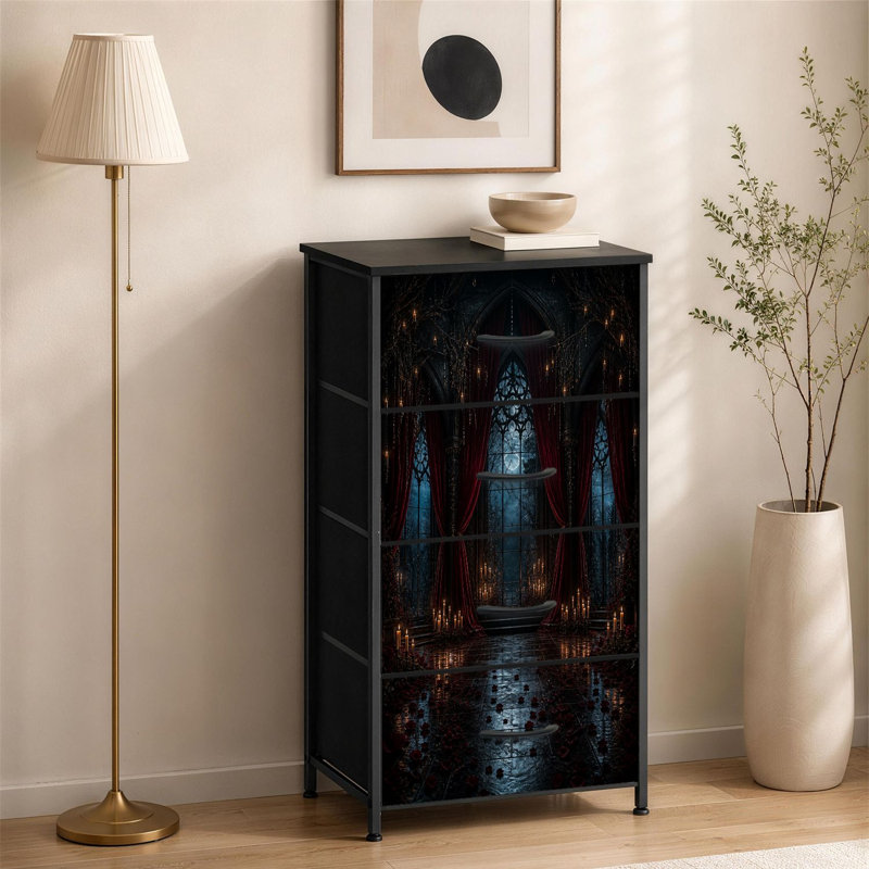 Commode 4 tiroirs pour chambre à coucher cathédrale gothique intérieur rouge drapé aux chandelles Ambiance petite grande commode pour vêtements pour commode avec commode