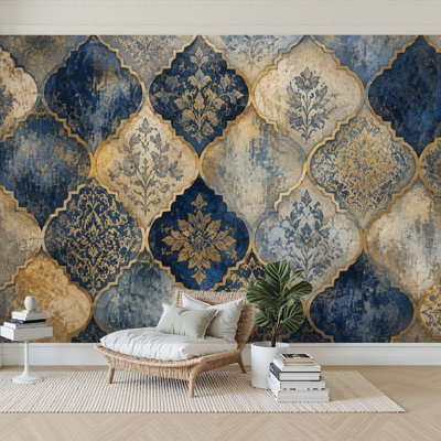 Wall Mural Peel and Stick Wallpaper Elegant Moroccan Blue Gold Ornamental Floral Design Self-Adhesive Removable Contact Paper Wall Decor for Living Room Bedroom 100"H x 144"W