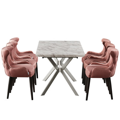 Ricky 6 Person Dining set - a Rectangular Wooden Dining Table with Metal Legs and a Set of 6 Quilted Velvet Dining Chairs for Dining Room - Modern Dining Table Set