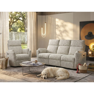 Modern Power Reclining Living Room Set - 3-Seat Sofa With Drop Down Table & Single Recliner Chair