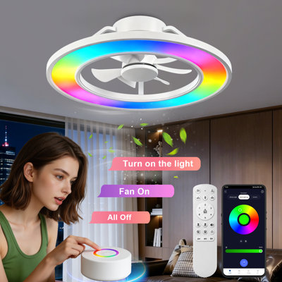 Ventilateur de plafond sans lame de 20 po avec télécommande RVB, ventilateurs de plafond à DEL minces avec contrôle de la voix / application, ventilateur de plafond moderne à profil bas et à intensité variable pour le salon de la chambre à coucher, blanc