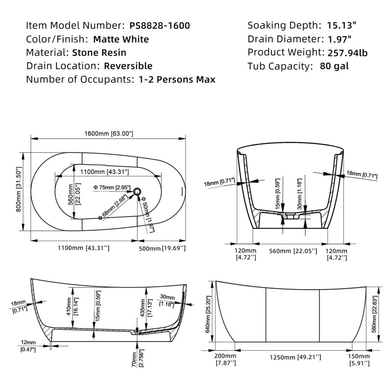 63" Solid Surface Freestanding Soaking Bathtub, Matte White Stone Resin With Overflow And Pop Up Drain