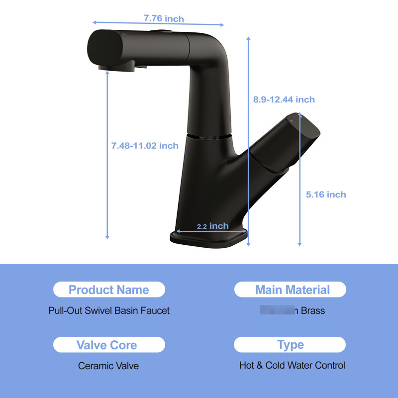 Three - Mode Pull Down Sink Faucet For Bathroom, Matte Black Finish, 360 Swivel, Complete Installation Kit Stainless Steel Bathroom Faucet, Water Flow Types, Adjustable Spout Height, Cold/Hot