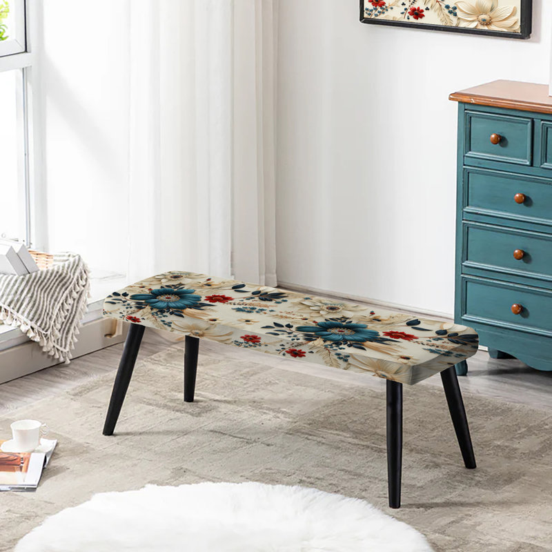 Banc rembourré floral noir Truong, Motif bohème Gerbera