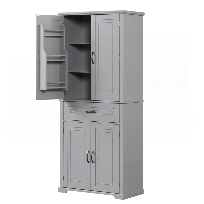 Armoire de rangement pour salle de bain avec portes et tiroir, plusieurs espaces de rangement, tablette réglable, gris, Gris