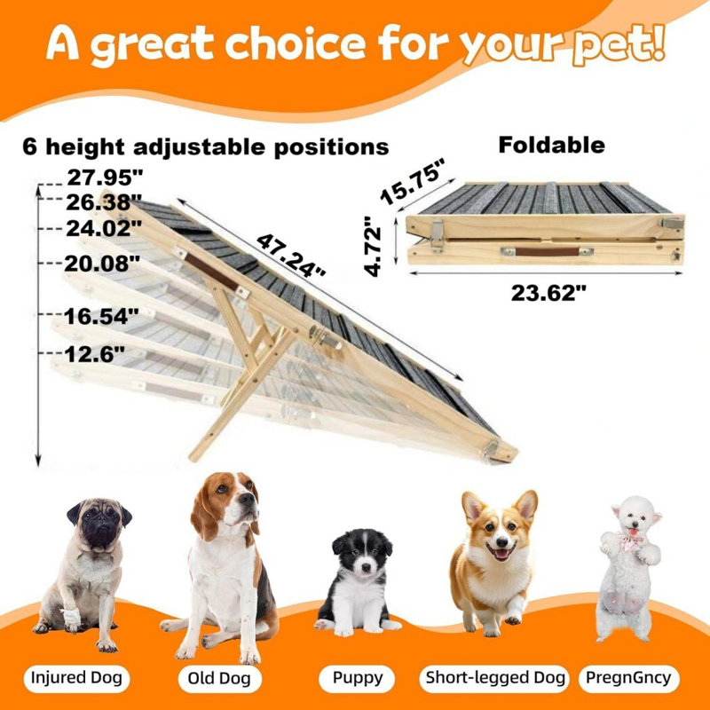 Rampe pliable en bois pour chien, H 27,95 po x l 47,24 po x P 15,75 po