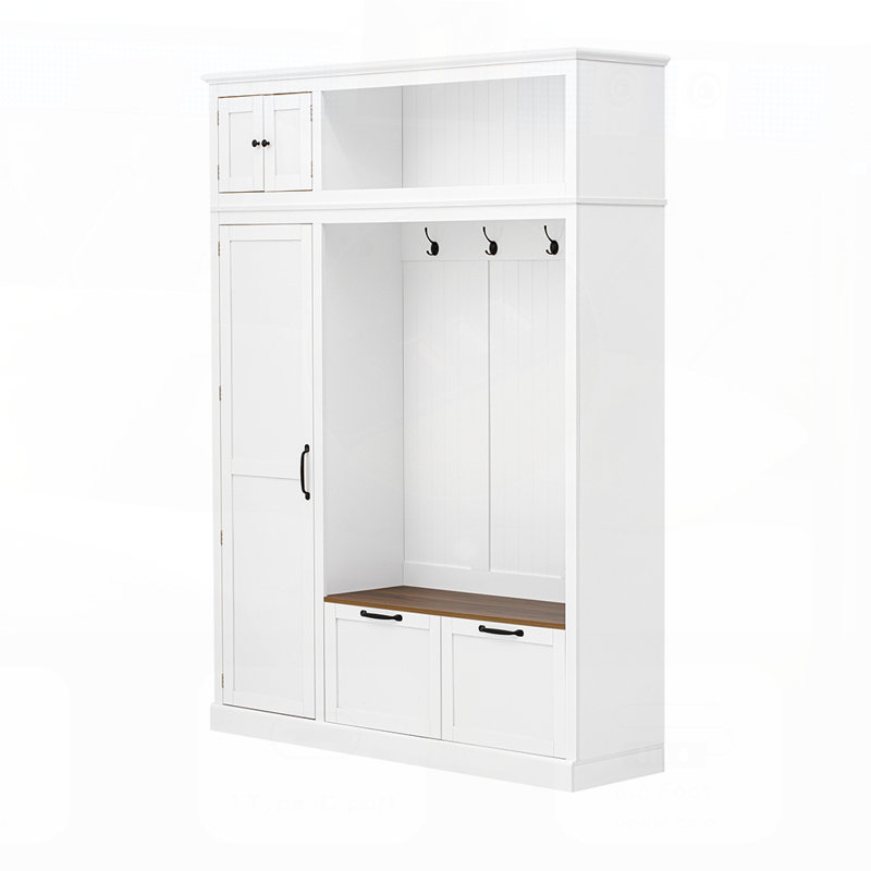 3-in-1 Hall Tree with Overhead Storage, Adjustable Shelves, Heavy-Duty Hooks, Spacious Drawers, and Contrasting Seat Bench for Entryway Organization