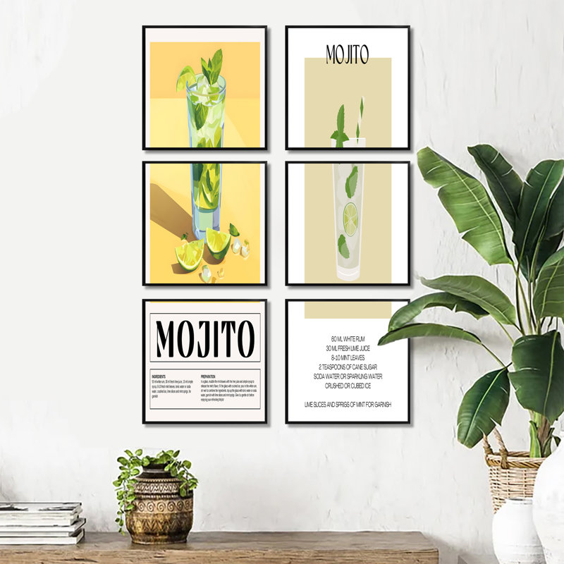 Ensemble de 6 reproductions d'art Mojito, Noir, Impression encadrée sans passe-partout