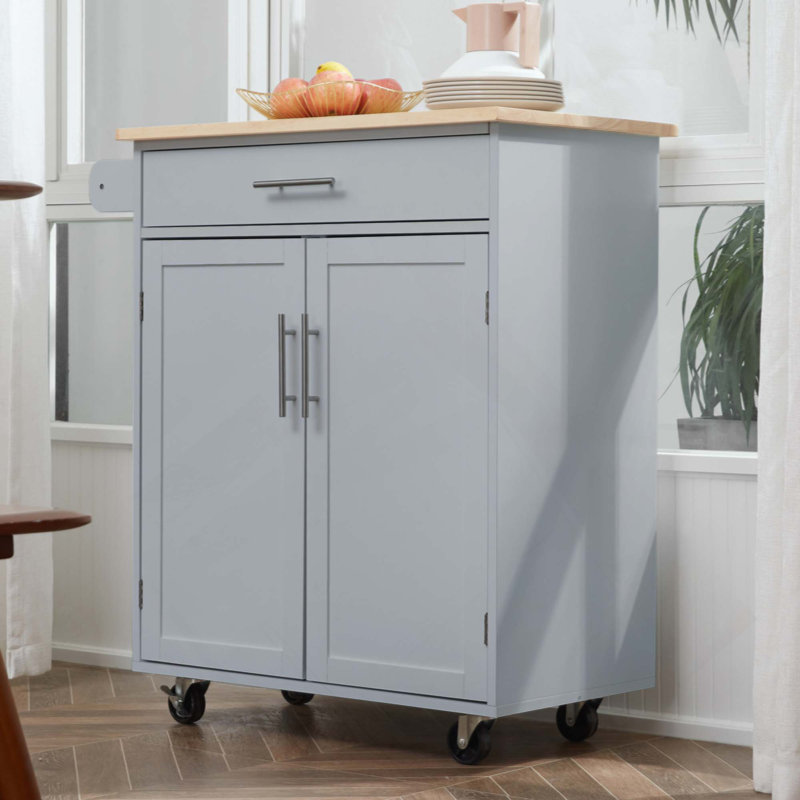 Îlot de cuisine avec chariot, tiroir, armoire de rangement et porte-serviettes, Gris
