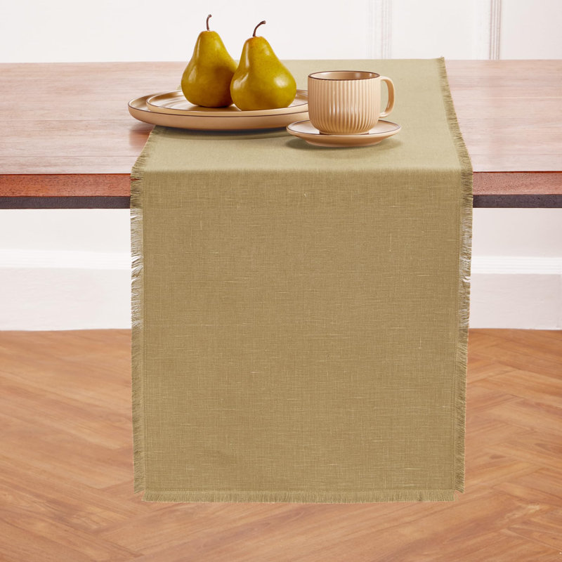 Fringe - 100% Pure Linen Table Runner, 90" x 14" Rectangle, Light Gray