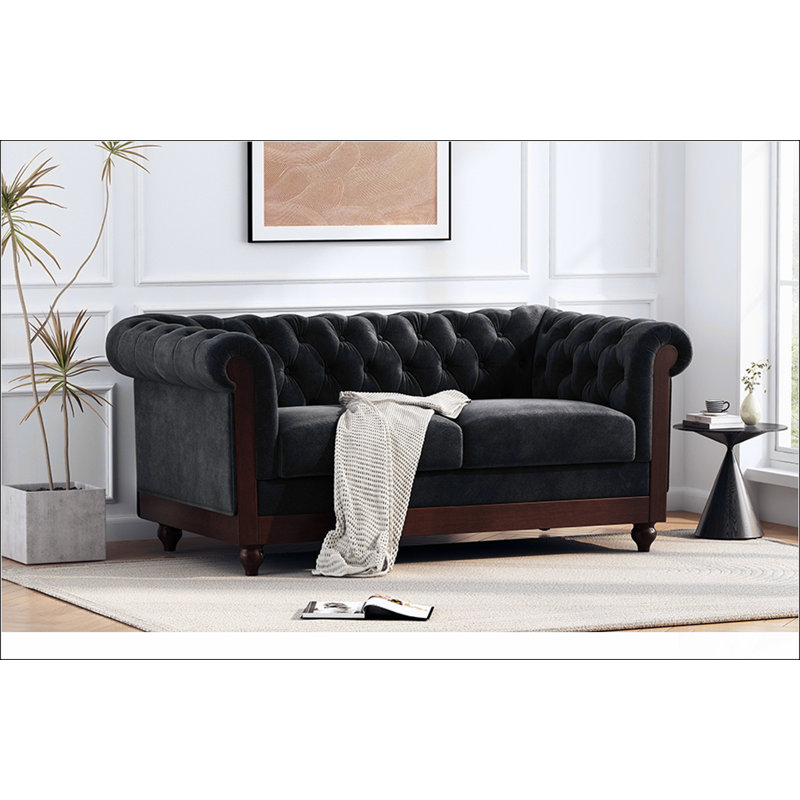 Canapé rembourré en velours avec bouton capitonné, Noir, noir, noir, noir