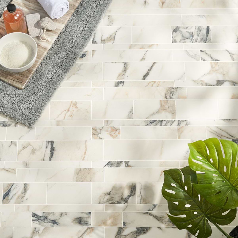 Dreamstone Railroad Porcelain Mosaic, Calacatta Rustico Matte