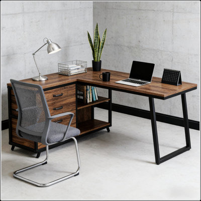 Bureau d'ordinateur spacieux en forme de L avec rangement spacieux et conception réglable pour l'efficacité du bureau à domicile