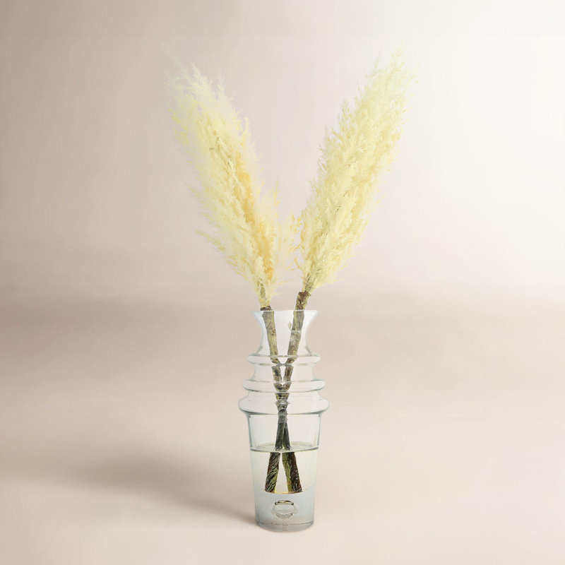 Pampas & Magnolia Leaf in Glass Pot with Rock, 14" H x 15" W x 15" D, Cream