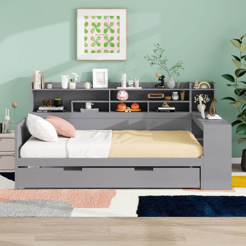 Lit de jour, lit de jour en bois avec tablettes de rangement, lit multifonctionnel avec lit gigogne et bureau d'étude, Simple