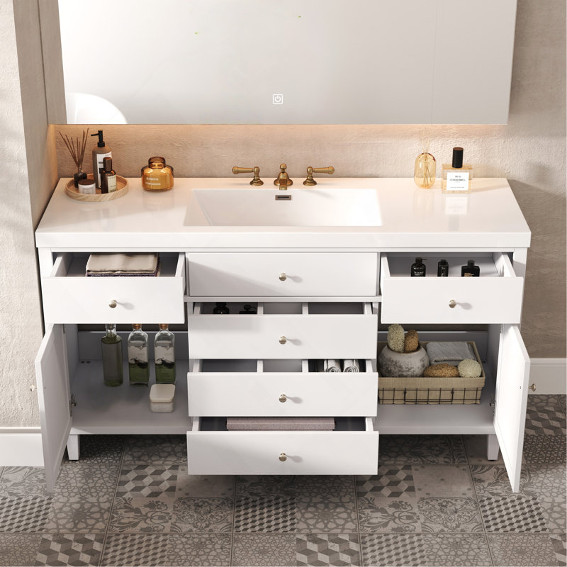 Meuble-lavabo de 60 po avec lavabo SMC, grande armoire de rangement moderne avec tiroirs à fermeture en douceur et portes en rotin, boutons en métal argenté et 5 pieds en pin, blanc
