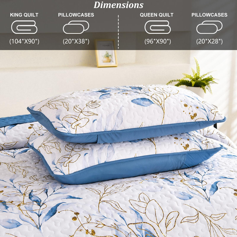 Ensemble de courtepointe réversible à motif de feuilles botaniques 3 pièces 3 pièces, Bleu