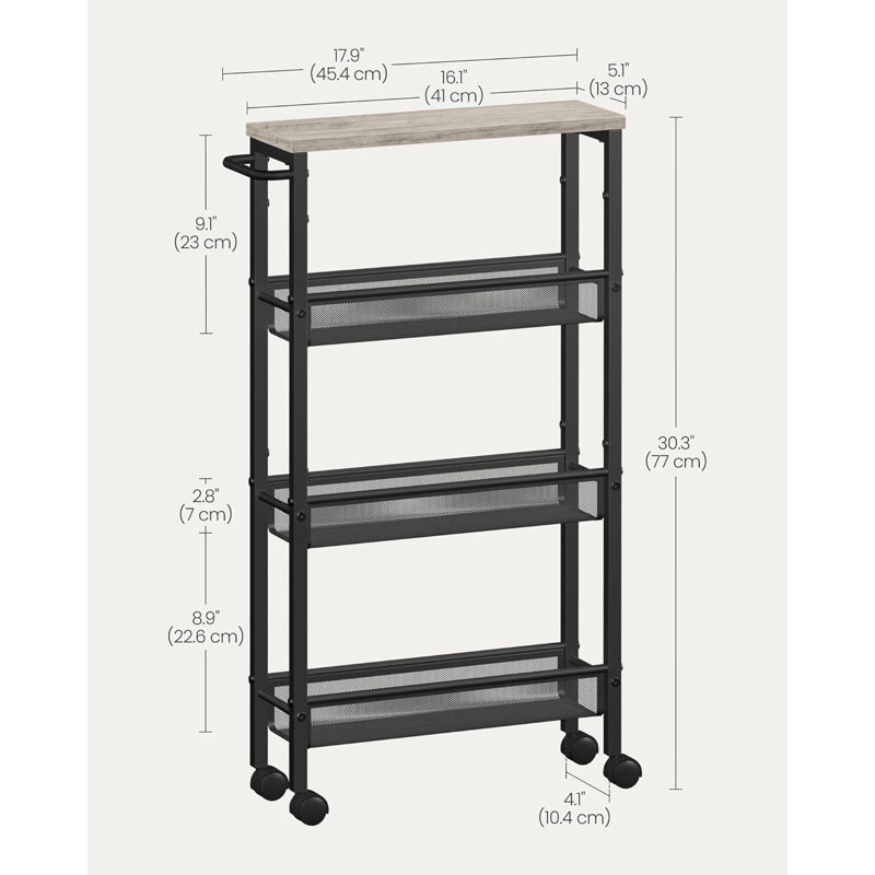Slim Rolling Cart 5 Tier Storage Cart Narrow Cart with Handles, Metal Frame, 30.30" H x 17.90" W x 5.10" D