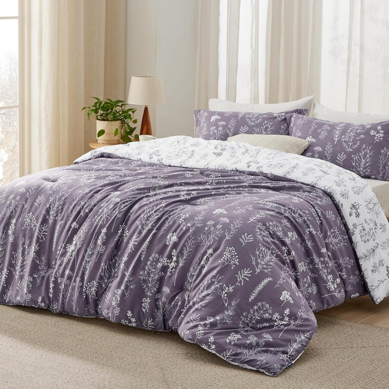 Mignon ensemble d'édredon floral 3 pièces, Mauve gris, Très grand lit