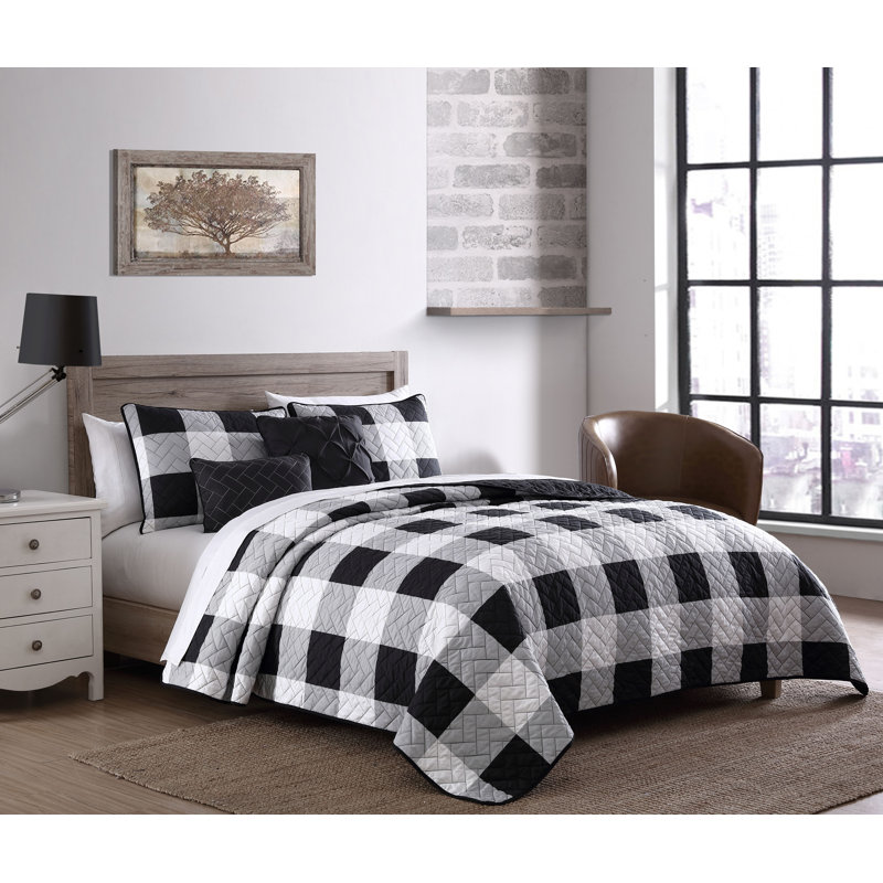 Buffalo Plaid Polyester Jersey Knit Plaid Quilt, Twin Quilt + 1 Sham + 2 Throw Pillows, Black/White