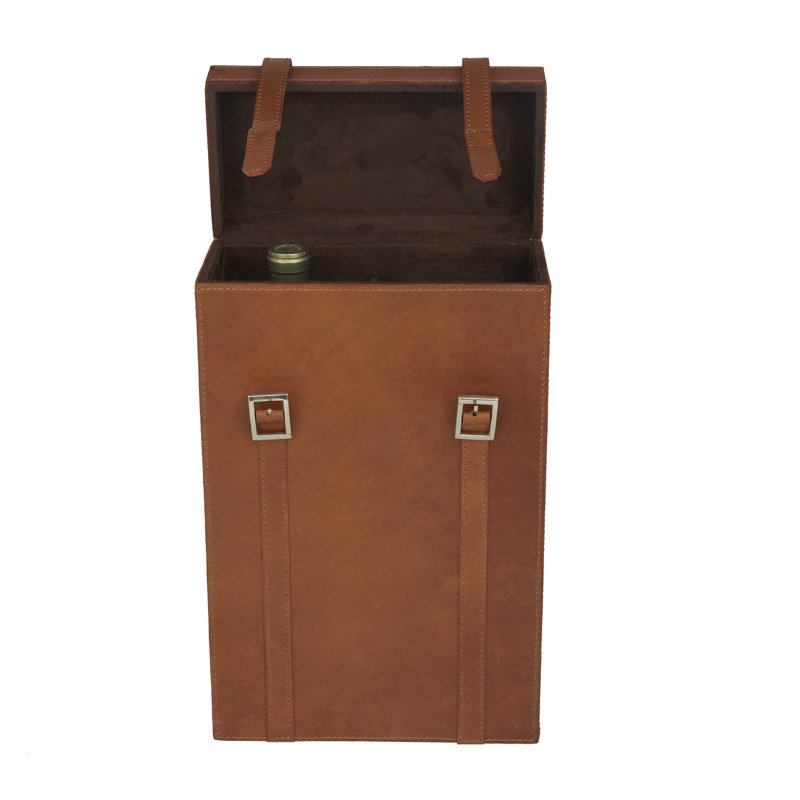 Porte-bouteilles en cuir fait à la main avec poignée, Brun, H 16 po x l 9 po x P 5 po