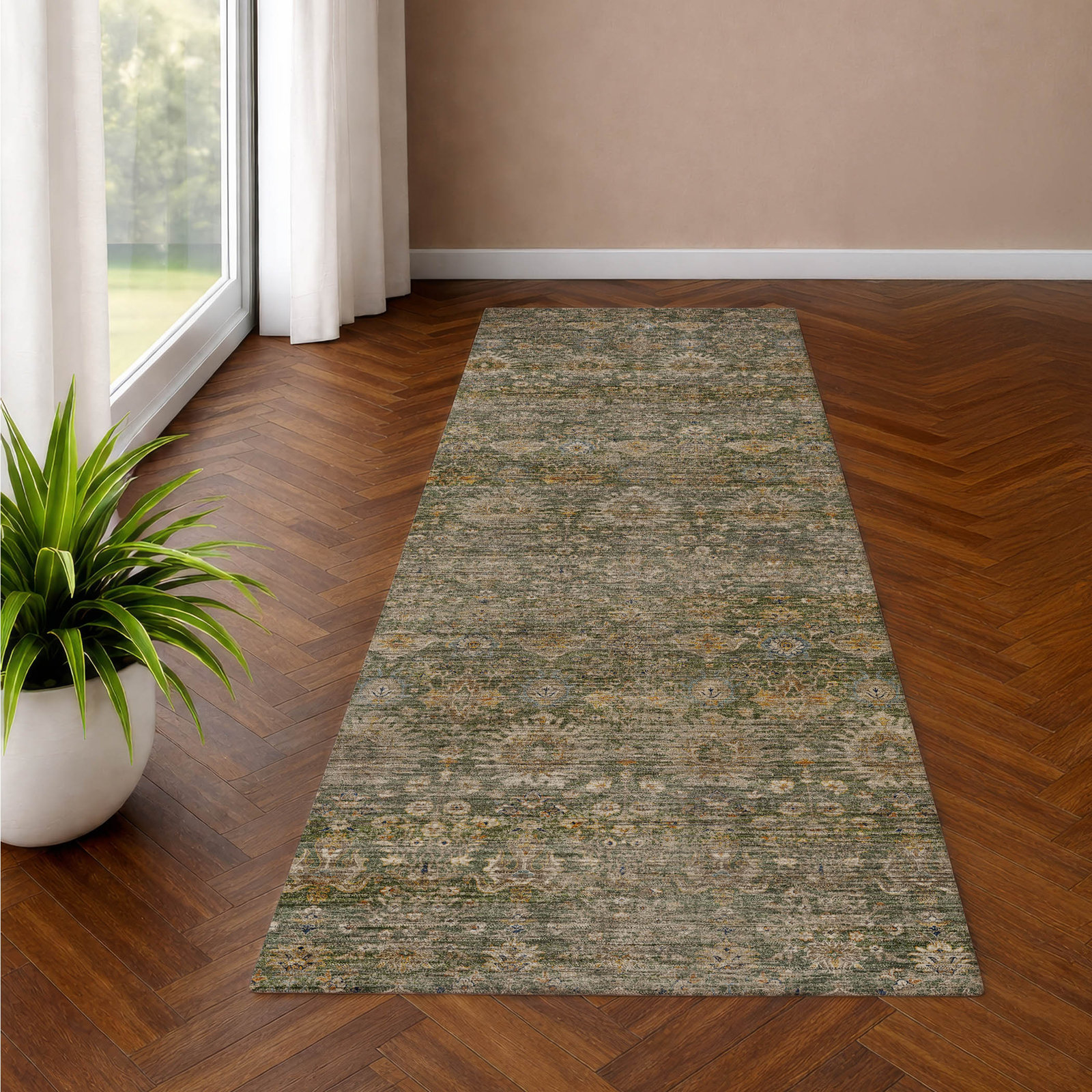 Premium Machine Washable Tirico Traditional Rug, Basil, 2'3" x 7'6" Runner