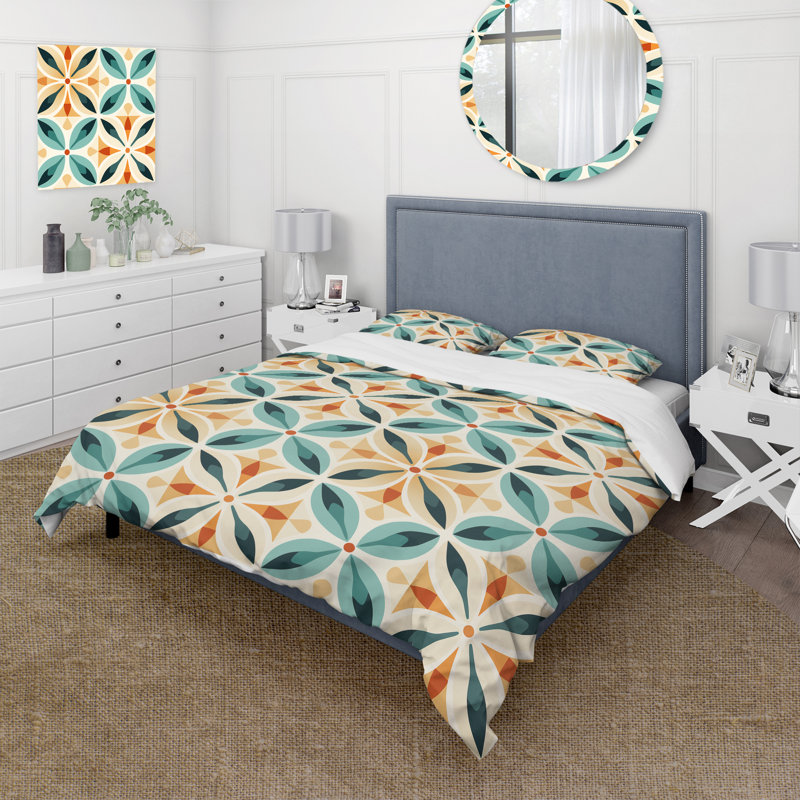 Ensemble de housse de couette en microfibre bleu et orange, Housse de couette simple + 1 taie décorative stan, Floral