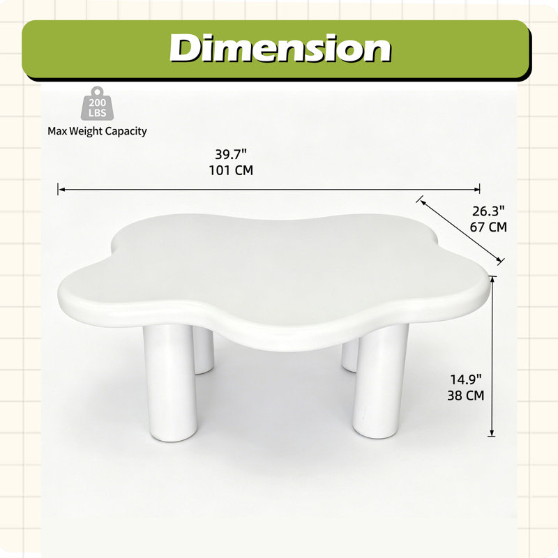 Table basse de 40 pouces en forme de nuage avec 4 pieds ronds, convenant aux salons, White