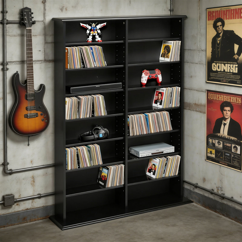 2 Column Display Cabinet, Media Storage, Double Width, Black