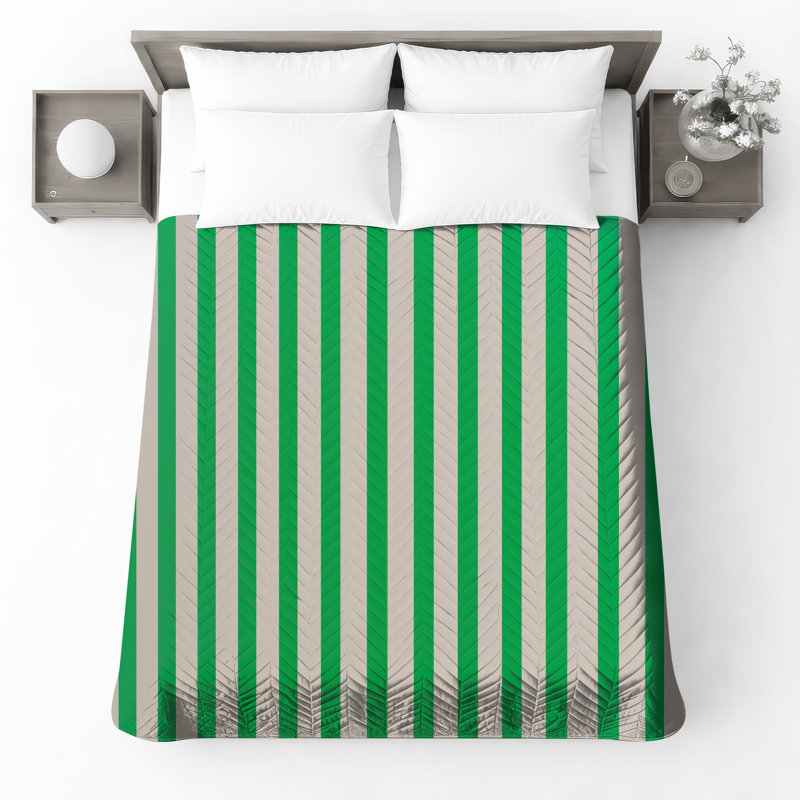 Green White Vertical Stripes Bedding Stripes Bedspread Pattern, Full / Double