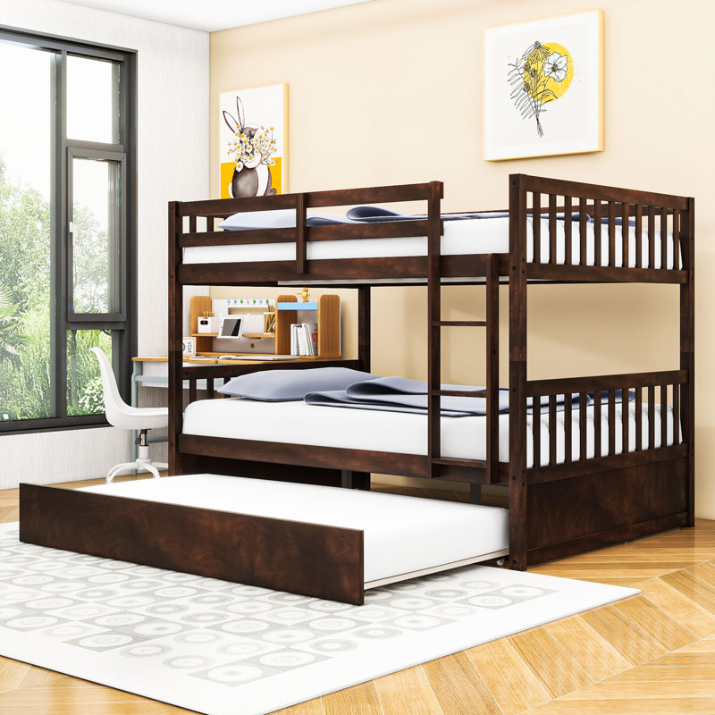 Full Over Full Wood Bunk Bed With Twin Trundle, Ladder And Guardrails, Natural