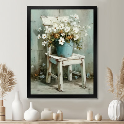 «Wildflowers On A Country Home Vintage Wood Chair», impression d'art sur toile campagne blanc