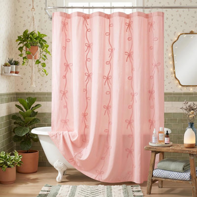 Pink Bow Shower Curtain,Cute Cording Bow Embroidery Shower Curtain,Pretty Girly Shower Curtains(Pink)