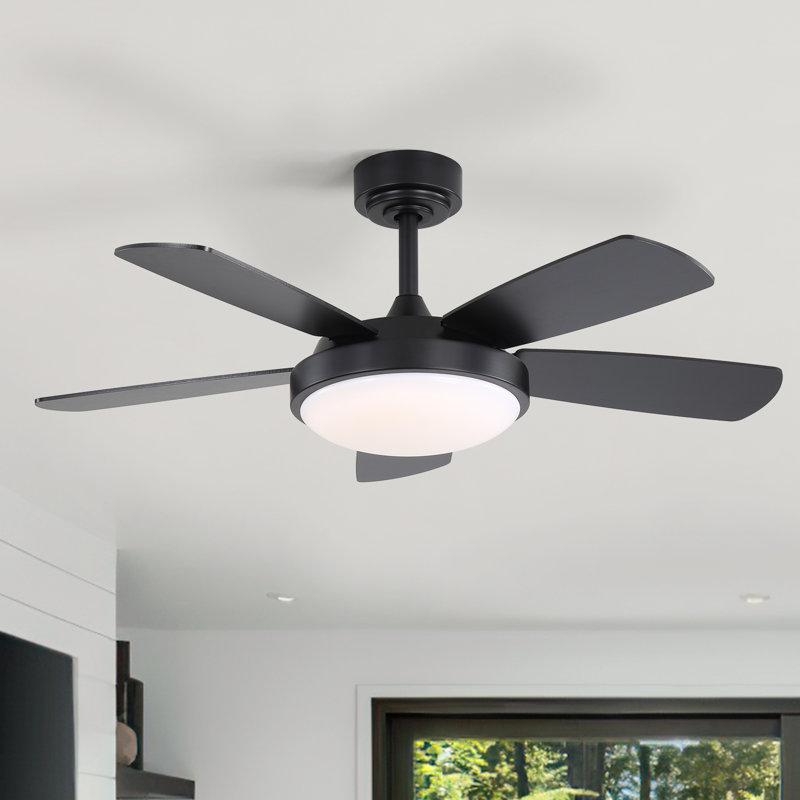 Ventilateur de plafond moderne à 5 pales de 42 po avec lumière et télécommande Damecia, Noir, noir, noir, noir