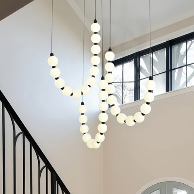 Lustre moderne perlé noir à DEL, plafonnier multi-globe haut pour escalier