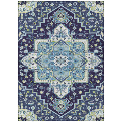 3' X 5' Navy Blue Ivory And Black Oriental Washable Indoor Outdoor Area Rug