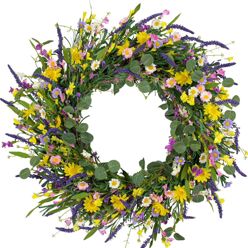 Grandes couronnes de printemps pour porte d'entrée Couronne de printemps artificielle de 28 pouces avec marguerite et lavande pour fenêtre murale intérieure et extérieure et célébration de Pâques