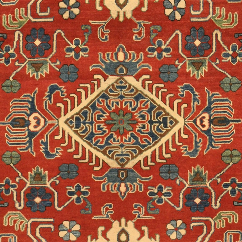 Tapis unique en laine noué à la main de style Kazak rouge de 4 pi 9 po x 6 pi 10 po Obayemi